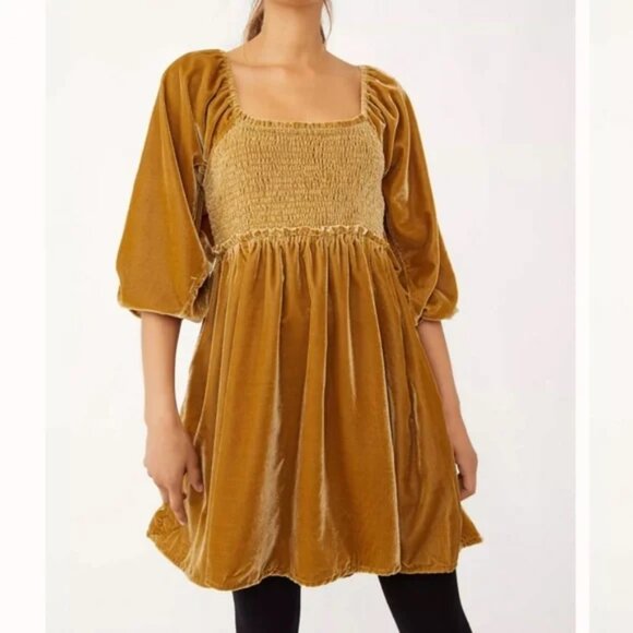Free People NWOT Daphne Velvet fall Mini Dress in Olive Bitters / Gold Small - Picture 2 of 10